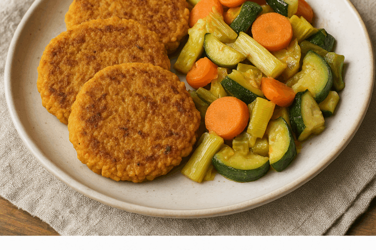 Assiette maison de galettes de lentilles corail parfumées au cumin, accompagnées d’une poêlée colorée de légumes de saison — carottes, poireaux et courgettes —, simplement sautés pour garder leur croquant et leurs couleurs.