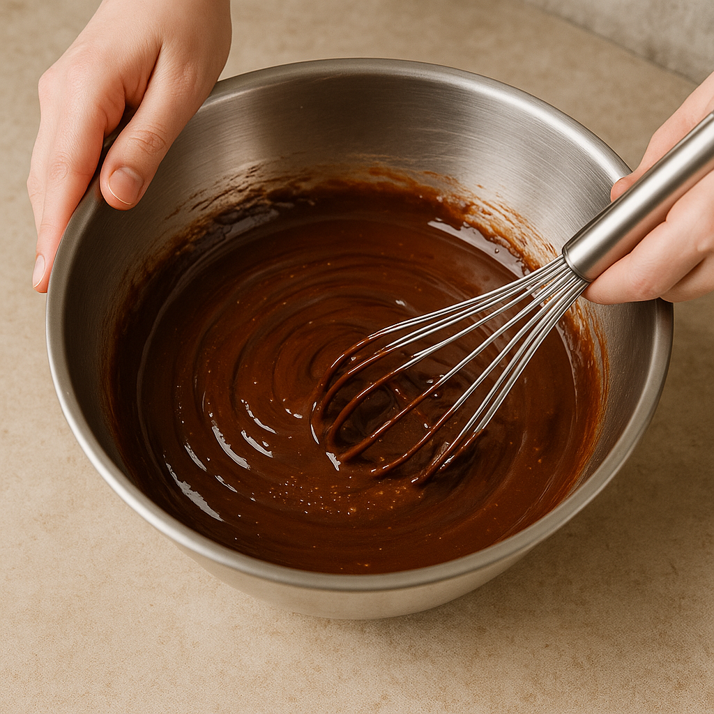 Ganache au chocolat noir en préparation dans un cul-de-poule en inox, mélange onctueux et brillant de chocolat fondu et de crème chaude, remué à la spatule, avec reflets dorés de lumière naturelle sur la surface lisse et soyeuse.