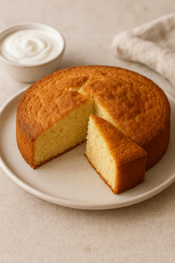 Gâteau au yaourt sans sucre, rond et doré, présenté sur une assiette claire, avec une part découpée révélant une mie moelleuse et légèrement jaune