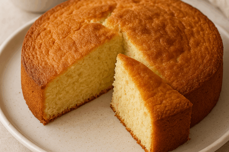 Gâteau au yaourt sans sucre, rond et doré, présenté sur une assiette claire, avec une part découpée révélant une mie moelleuse et légèrement jaune