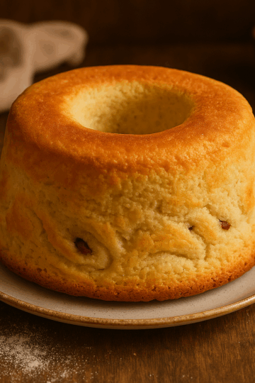 Gâteau des anges doré, moelleux et léger, présenté sur une assiette en céramique claire, posé sur une table en bois dans une ambiance de cuisine chaleureuse