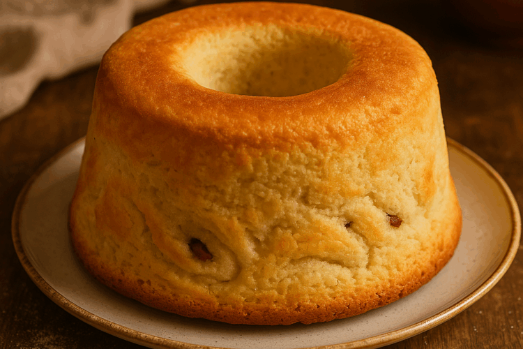 Gâteau des anges doré, moelleux et léger, présenté sur une assiette en céramique claire, posé sur une table en bois dans une ambiance de cuisine chaleureuse