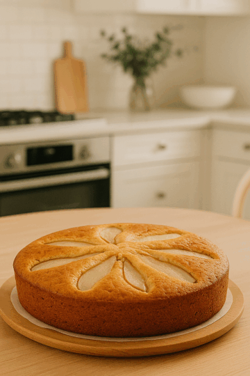 Gâteau vegan aux poires doré, posé sur une table en bois clair dans une cuisine lumineuse et épurée, avec un fond de mobilier blanc et de lumière naturelle.