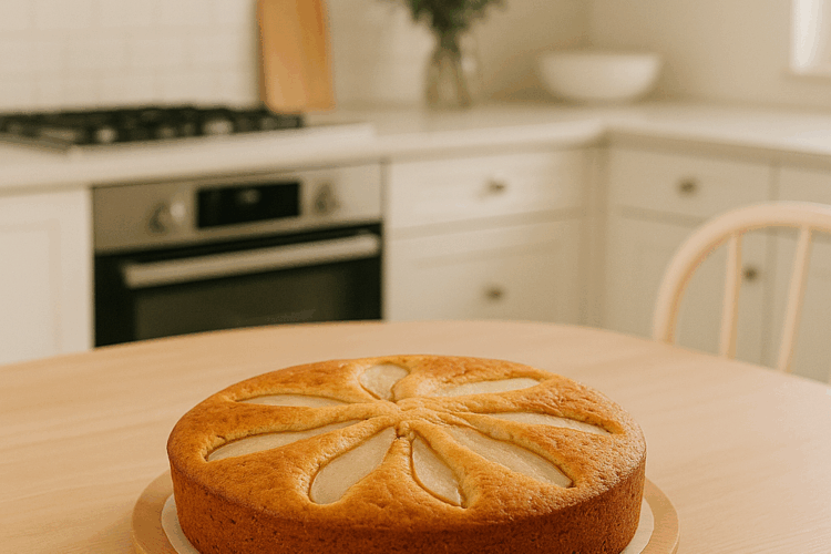 Gâteau vegan aux poires doré, posé sur une table en bois clair dans une cuisine lumineuse et épurée, avec un fond de mobilier blanc et de lumière naturelle.