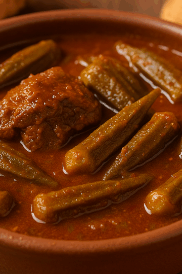 Gnaouia traditionnelle tunisienne : ragoût d’agneau et de gombos mijotés dans une sauce tomate épicée à la coriandre et au curcuma, servi chaud avec du pain, du riz ou du couscous.