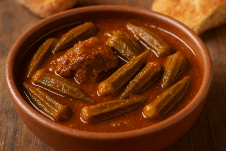 Gnaouia traditionnelle tunisienne : ragoût d’agneau et de gombos mijotés dans une sauce tomate épicée à la coriandre et au curcuma, servi chaud avec du pain, du riz ou du couscous.