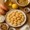 Assiette de gnocchis de patate douce façonnés à la main, légèrement farinés, entourée d’ingrédients de la recette : noix, fromage de chèvre, citron, sauce aux noix et huile d’olive, le tout posé sur une table en bois claire et chaleureuse.