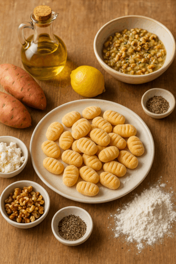 Assiette de gnocchis de patate douce façonnés à la main, légèrement farinés, entourée d’ingrédients de la recette : noix, fromage de chèvre, citron, sauce aux noix et huile d’olive, le tout posé sur une table en bois claire et chaleureuse.
