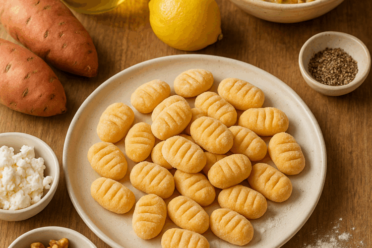 Assiette de gnocchis de patate douce façonnés à la main, légèrement farinés, entourée d’ingrédients de la recette : noix, fromage de chèvre, citron, sauce aux noix et huile d’olive, le tout posé sur une table en bois claire et chaleureuse.