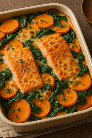 Gratin doré de patates douces, épinards et saumon dans un plat en céramique blanche, posé sur une table en bois, encore fumant à la sortie du four.
