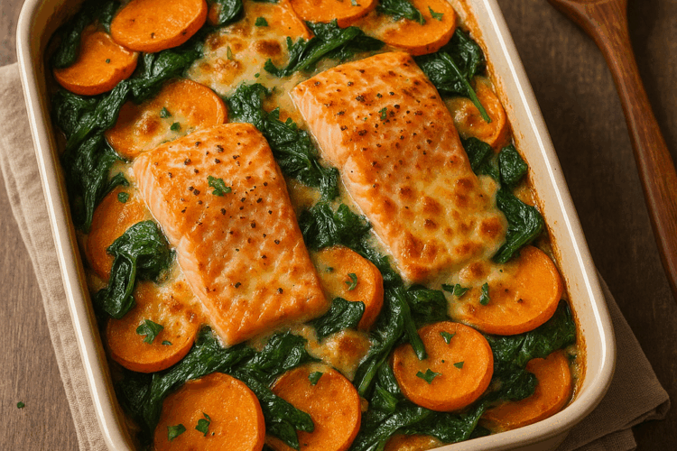 Gratin doré de patates douces, épinards et saumon dans un plat en céramique blanche, posé sur une table en bois, encore fumant à la sortie du four.