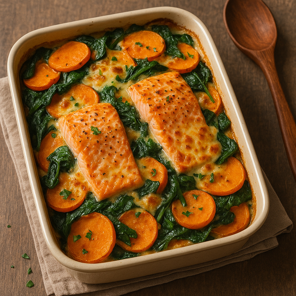 Gratin de patates douces, épinards et saumon