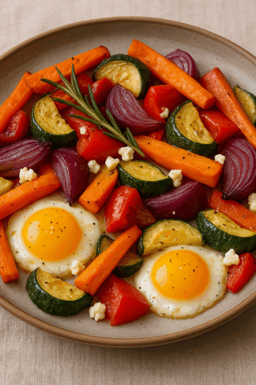 Un gratin coloré composé de légumes rôtis — courgettes, carottes, oignons rouges et poivrons — mêlés à la douceur d’œufs mollets au jaune fondant et relevés par une touche de romarin frais.