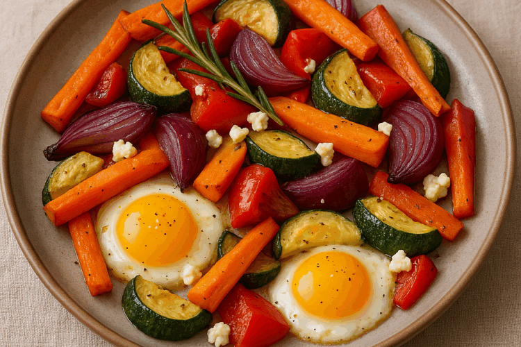 Un gratin coloré composé de légumes rôtis — courgettes, carottes, oignons rouges et poivrons — mêlés à la douceur d’œufs mollets au jaune fondant et relevés par une touche de romarin frais.
