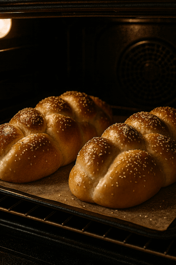 Grande halah ( ou deux) dorée, et tressée, saupoudrée de graines de sésame et posée sur un torchon clair.