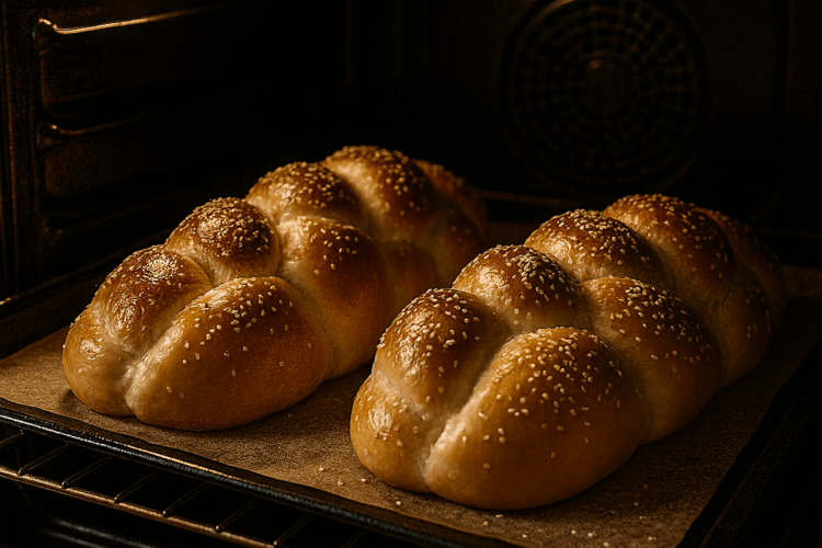 Grande halah ( ou deux) dorée, et tressée, saupoudrée de graines de sésame et posée sur un torchon clair.