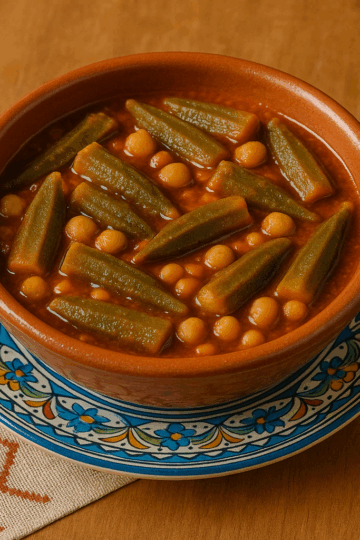 Gnaouia tunisienne végétarienne : gombos fondants et pois chiches mijotés dans une sauce tomate épicée à la coriandre et au curcuma.