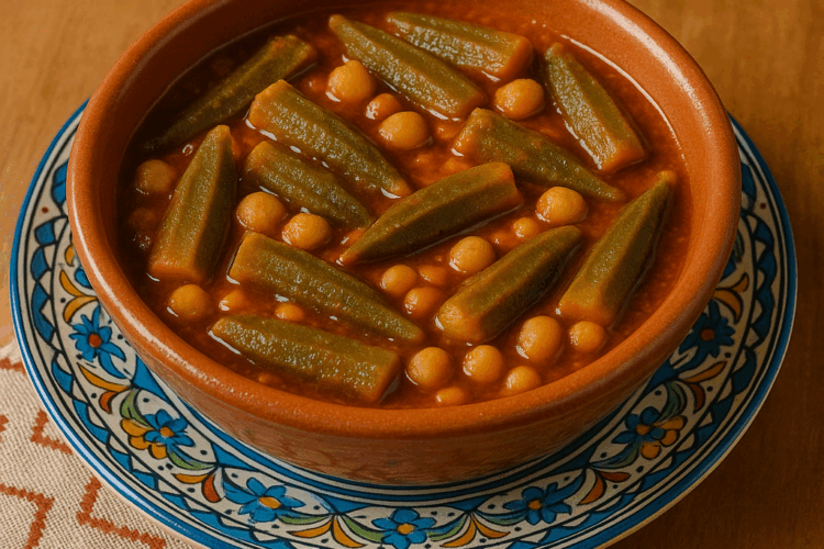 Gnaouia tunisienne végétarienne : gombos fondants et pois chiches mijotés dans une sauce tomate épicée à la coriandre et au curcuma.
