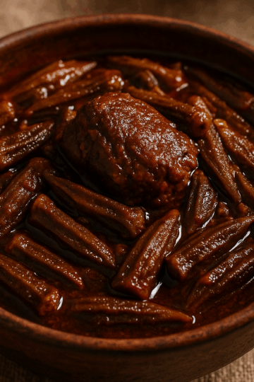 Gnaouia gabésienne : ragoût d’agneau et de gombos longuement mijotés dans une sauce tomate épaisse et huileuse, emblématique du sud tunisien.