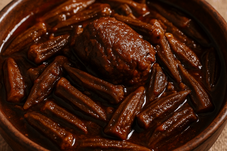 Gnaouia gabésienne : ragoût d’agneau et de gombos longuement mijotés dans une sauce tomate épaisse et huileuse, emblématique du sud tunisien.