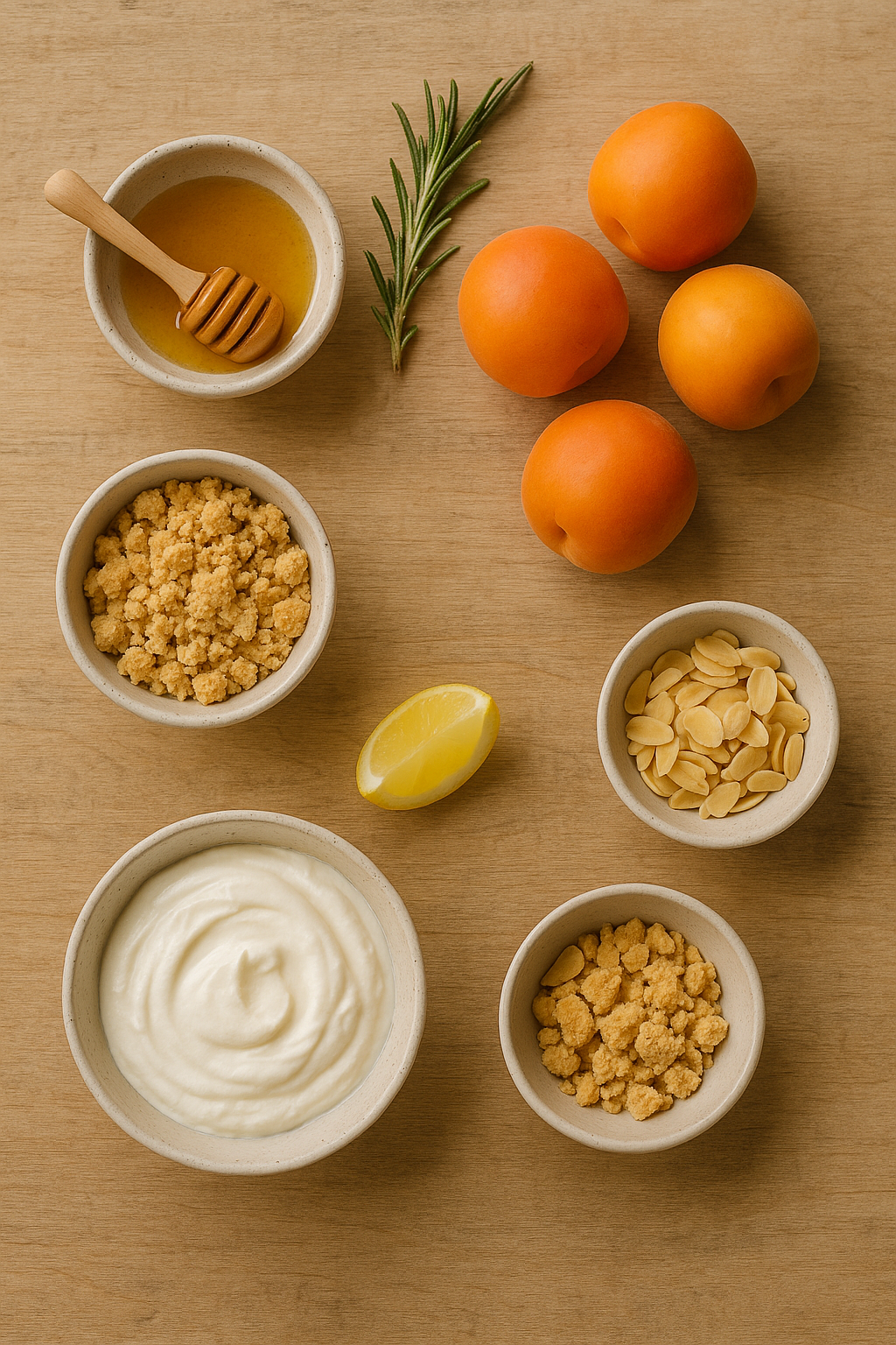Abricots, miel, romarin, yaourt grec, biscuits émiettés, amandes effilées et citron disposés sur une table en bois clair.
