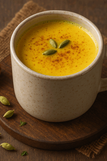 Un mug en céramique beige rempli d’un lait doré au curcuma, miel et cardamome, saupoudré de cannelle, posé sur une table en bois avec une cuillère à miel et quelques gousses de cardamome autour.