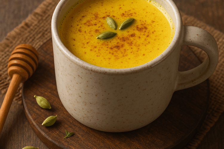 Un mug en céramique beige rempli d’un lait doré au curcuma, miel et cardamome, saupoudré de cannelle, posé sur une table en bois avec une cuillère à miel et quelques gousses de cardamome autour.