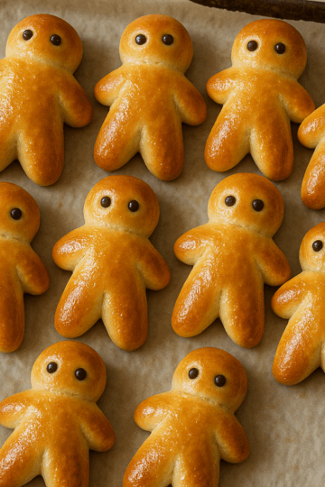 Petits manalas dorés en forme de bonhommes, alignés sur une plaque de cuisson recouverte de papier sulfurisé.