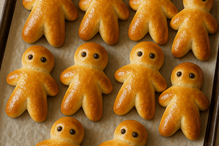 Petits manalas dorés en forme de bonhommes, alignés sur une plaque de cuisson recouverte de papier sulfurisé.