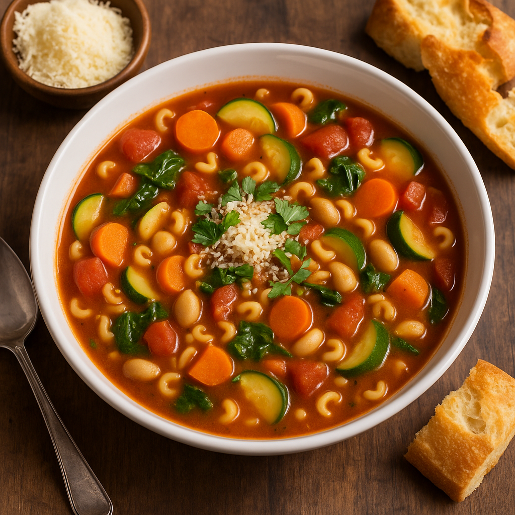 Minestrone italien avec légumes colorés, petites pâtes et parmesan.