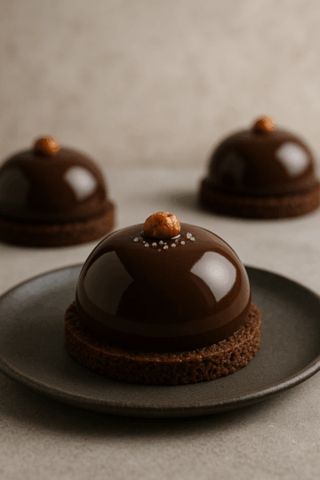 Pâtisserie artisanale appelée Nébuleuse au chocolat noir, composée d’une base croustillante, d’un cœur fondant praliné à la fleur de sel et d’une mousse légère au chocolat, nappée d’un glaçage miroir végétal. Le dessert est orné d’un éclat de noisette caramélisée et servi sur une assiette élégante, dans une lumière douce et chaleureuse.