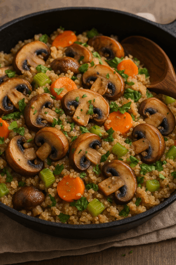 Poêlée chaude de quinoa, champignons, carottes et céleri, servie dans une poêle en fonte noire sur une table en bois rustique, avec un peu de persil frais et une cuillère en bois.