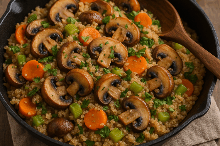 Poêlée chaude de quinoa, champignons, carottes et céleri, servie dans une poêle en fonte noire sur une table en bois rustique, avec un peu de persil frais et une cuillère en bois.