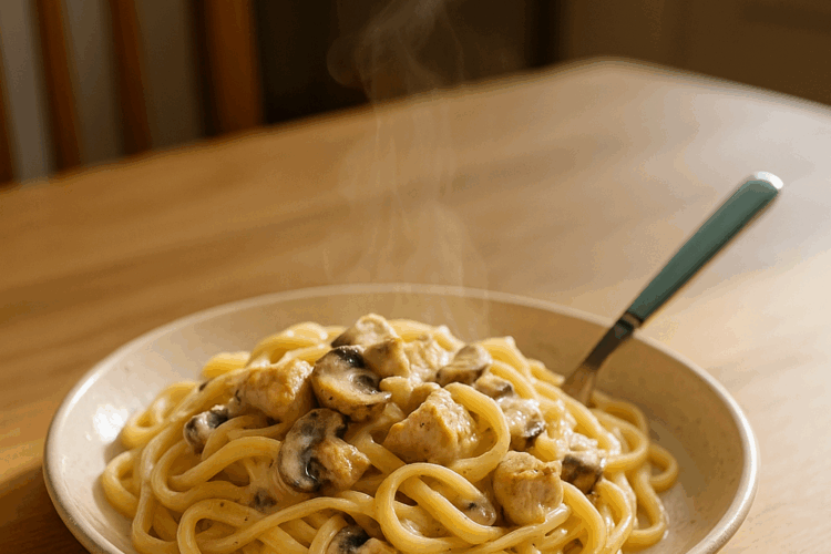 Pâtes crémeuses mélangées avec des champignons et des morceaux de poulet, nappées d’une sauce onctueuse.