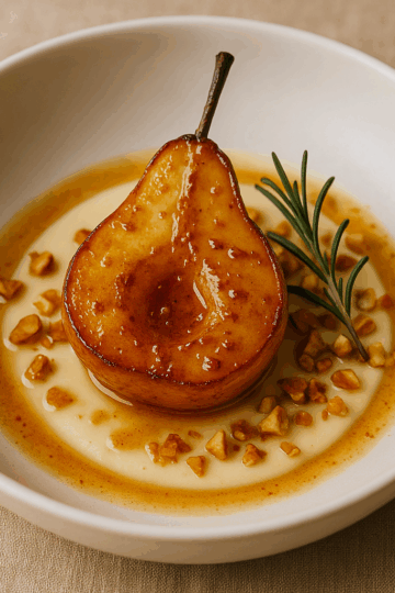Poires rôties au miel et au romarin servies sur une crème légère infusée aux herbes, décorées d’éclats caramélisés et d’un brin de romarin frais, dessert raffiné et doré, parfait pour une fin de repas douce et parfumée.