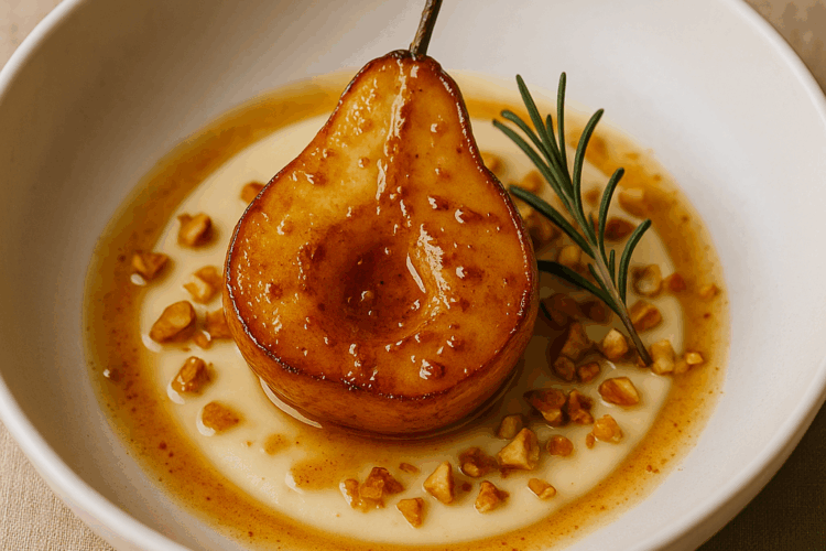 Poires rôties au miel et au romarin servies sur une crème légère infusée aux herbes, décorées d’éclats caramélisés et d’un brin de romarin frais, dessert raffiné et doré, parfait pour une fin de repas douce et parfumée.