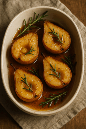 Poires rôties au miel et au romarin, dorées au four, nappées de leur jus caramélisé, prêtes à être dégustées tièdes après un dîner léger.