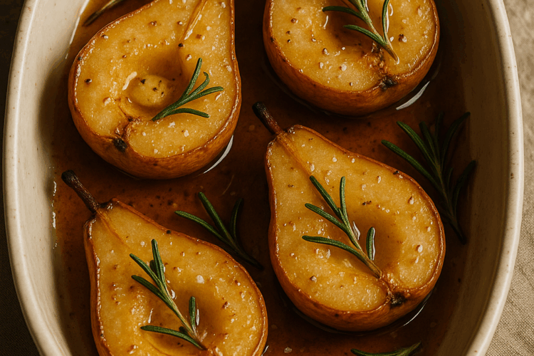 Poires rôties au miel et au romarin, dorées au four, nappées de leur jus caramélisé, prêtes à être dégustées tièdes après un dîner léger.
