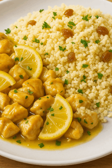 Assiette de poulet au citron confit accompagnée de semoule parfumée aux raisins secs et herbes fraîches