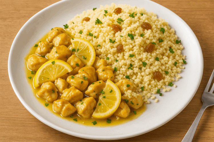 Assiette de poulet au citron confit accompagnée de semoule parfumée aux raisins secs et herbes fraîches