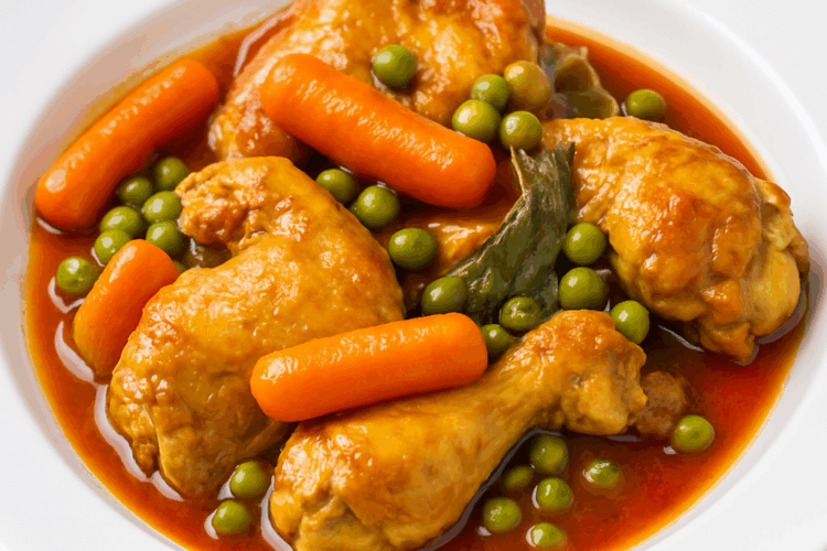 poulet mijoté aux carottes et petits pois, nappé d’une sauce rouge
