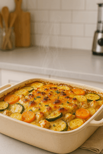 Gratin doré au poulet, courgettes et carottes, encore fumant, posé sur un plan de travail clair dans une cuisine moderne, avec ustensiles et robot ménager en arrière-plan.