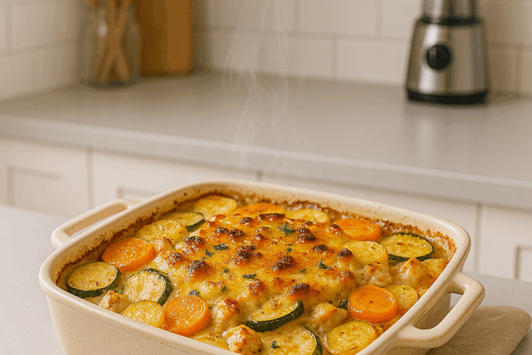 Gratin doré au poulet, courgettes et carottes, encore fumant, posé sur un plan de travail clair dans une cuisine moderne, avec ustensiles et robot ménager en arrière-plan.