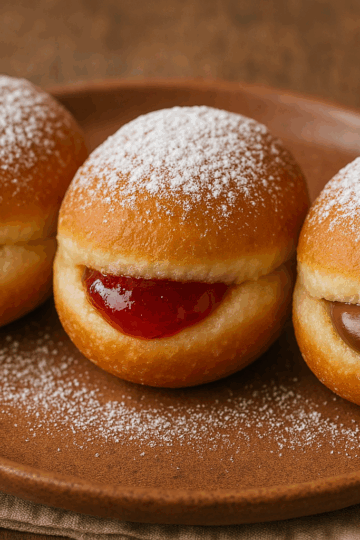 Trois beignets dorés posés côte à côte sur une assiette en céramique, chacun garni d’une crème différente : crème pâtissière, confiture de fraises et pâte à tartiner chocolat-noisette.