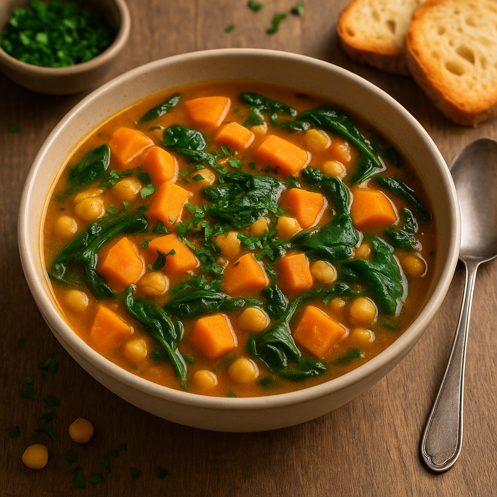 Soupe de patates douces, pois chiches et épinards, servie avec des tranches de pain.