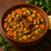 Soupe marocaine traditionnelle servie dans un bol en terre cuite, remplie de morceaux d’agneau, pois chiches, carottes, courgettes et pommes de terre, avec un bouillon doré et des feuilles de coriandre.