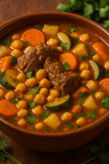 Soupe marocaine traditionnelle servie dans un bol en terre cuite, remplie de morceaux d’agneau, pois chiches, carottes, courgettes et pommes de terre, avec un bouillon doré et des feuilles de coriandre.