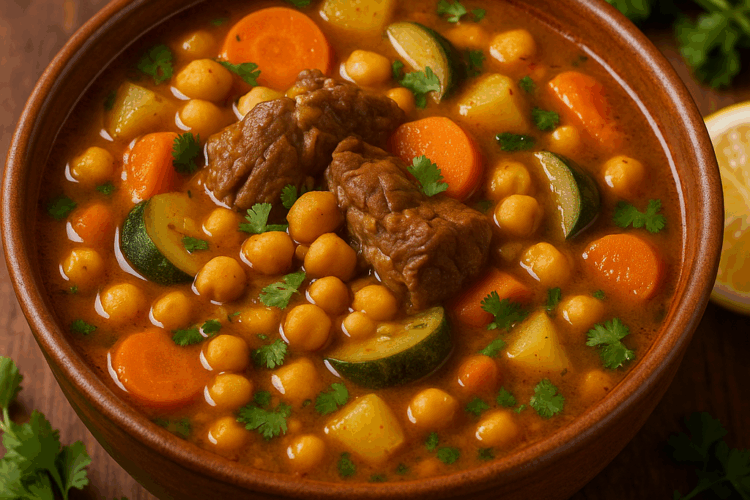 Soupe marocaine traditionnelle servie dans un bol en terre cuite, remplie de morceaux d’agneau, pois chiches, carottes, courgettes et pommes de terre, avec un bouillon doré et des feuilles de coriandre.