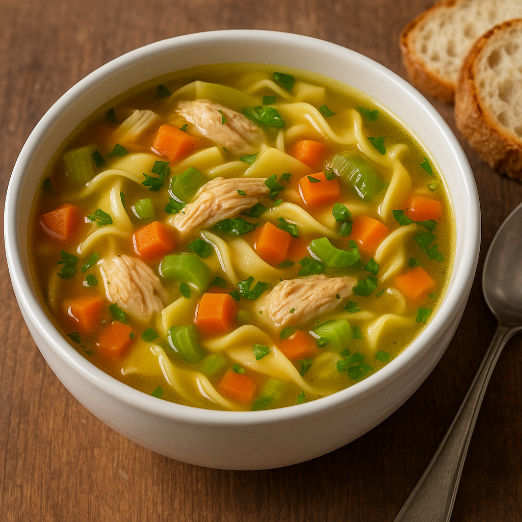 Soupe au poulet avec nouilles, carottes et céleri dans un bouillon doré.