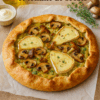 Une tarte rustique dorée aux poireaux, champignons et tomme de brebis, posée sur une feuille de papier cuisson, entourée d’herbes fraîches et d’un filet d’huile d’olive, dans une lumière automnale chaleureuse.